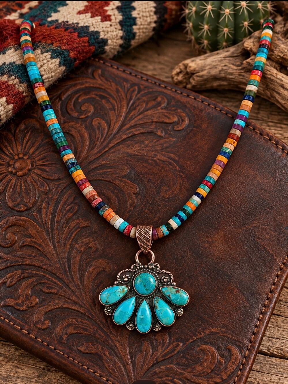 Mojave Turquoise Copper Fan Pendant Heishi Necklace – 18"